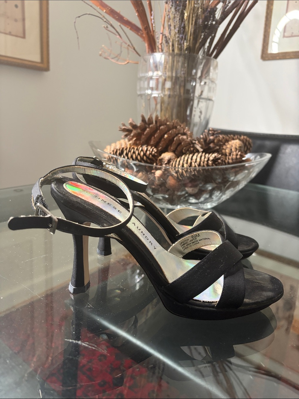Chinese laundry black satin formal sandals heels